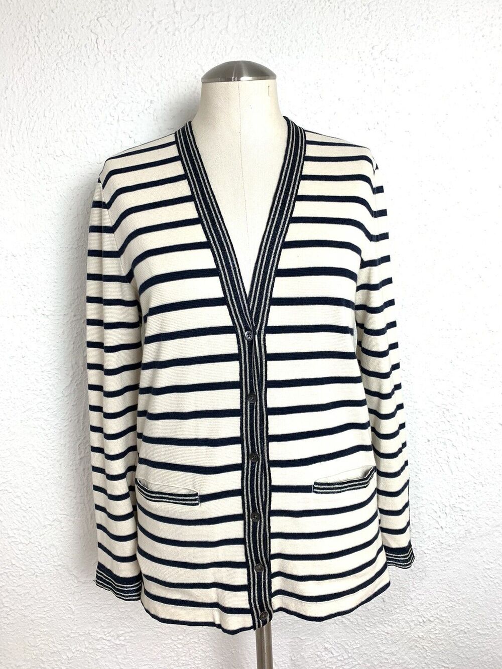 J Crew Women's S Striped Metallic Trim Cardigan Button Front Semi Fitted Sweater